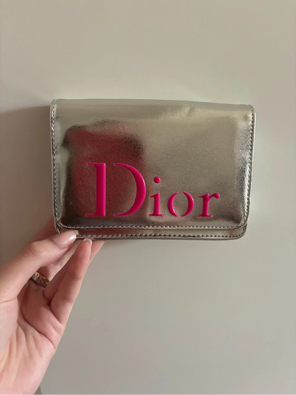 Dior Metallic Silver Wallet/Clutch with Pink Logo